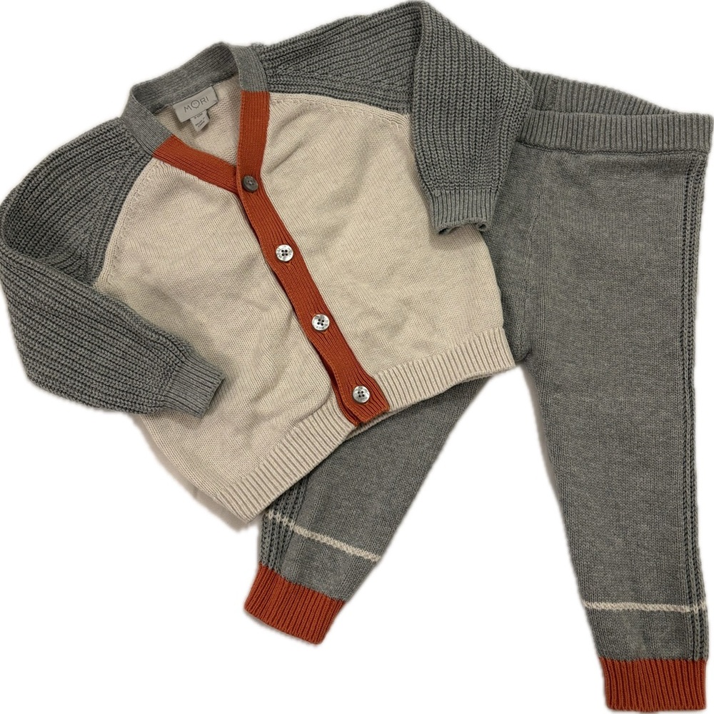 MORI Knit cardigan and pants Set with Orange Accents baby boy 9-12m, EUC
